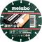 Řezací kotouč Metabo pro kov/univerzální professional, průměr 180 mm, vrtání 22,23 mm, zelená etiketa, znázorňující ikony ocelových trubek a dřeva.