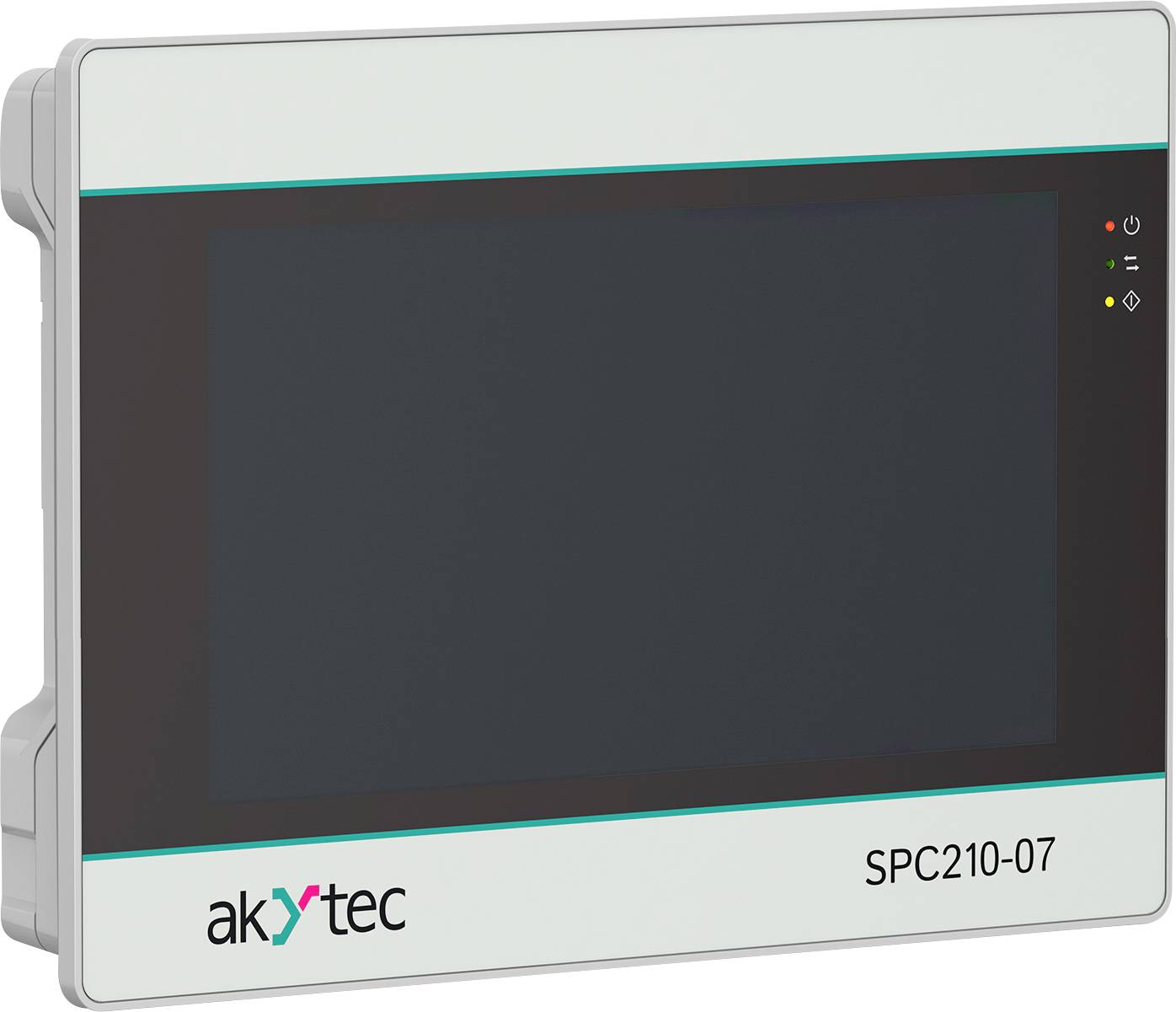 Nástěnné elektronické zařízení s velkým displejem, na předním panelu zobrazující značku 'akytec' a model 'SPC210-07'.