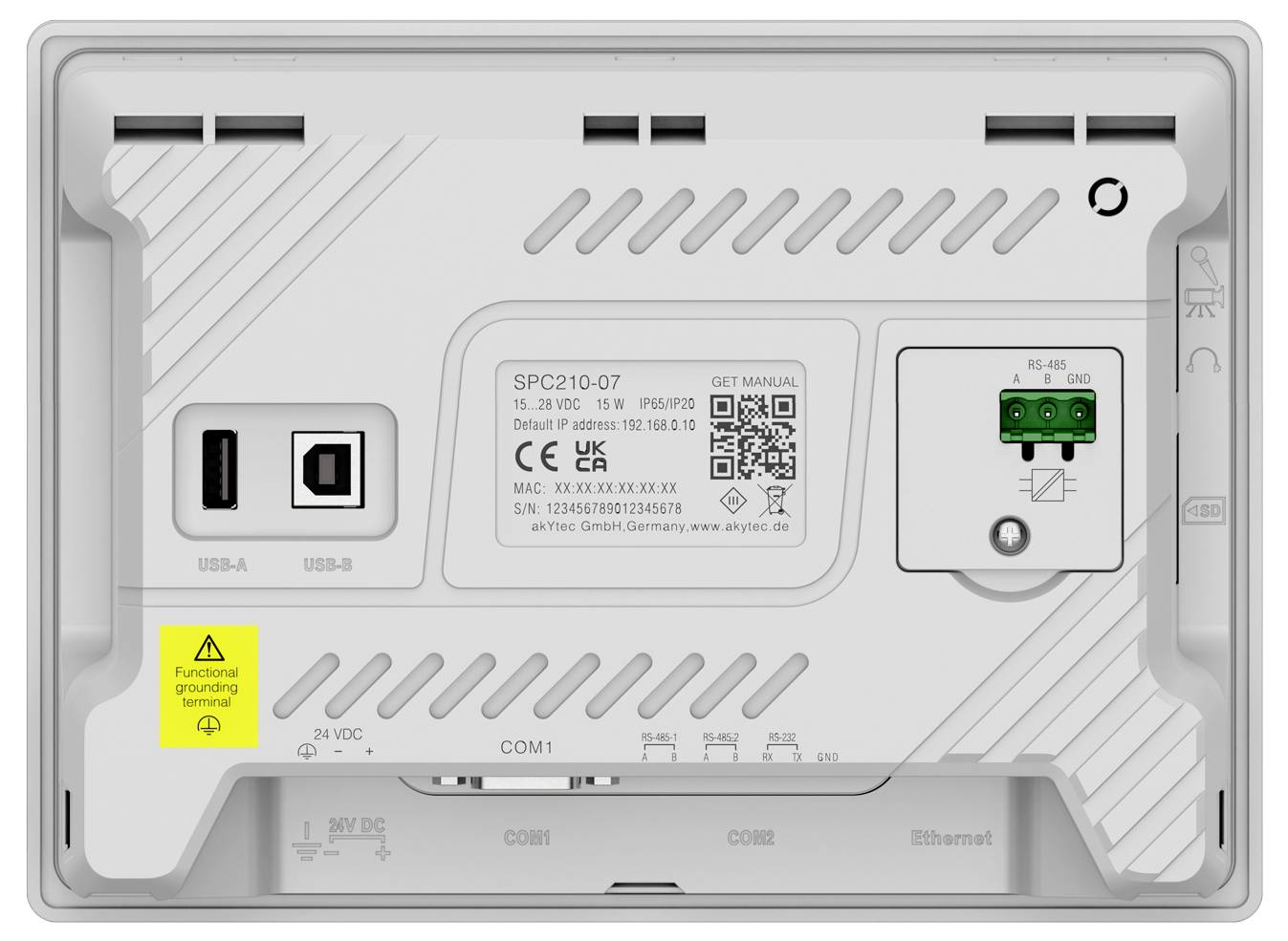 Zadní pohled na obdélníkový elektronický přístroj s porty a štítkem zobrazujícím modelové číslo 'SPC210-07'. Zahrnuje USB a RS485 porty.