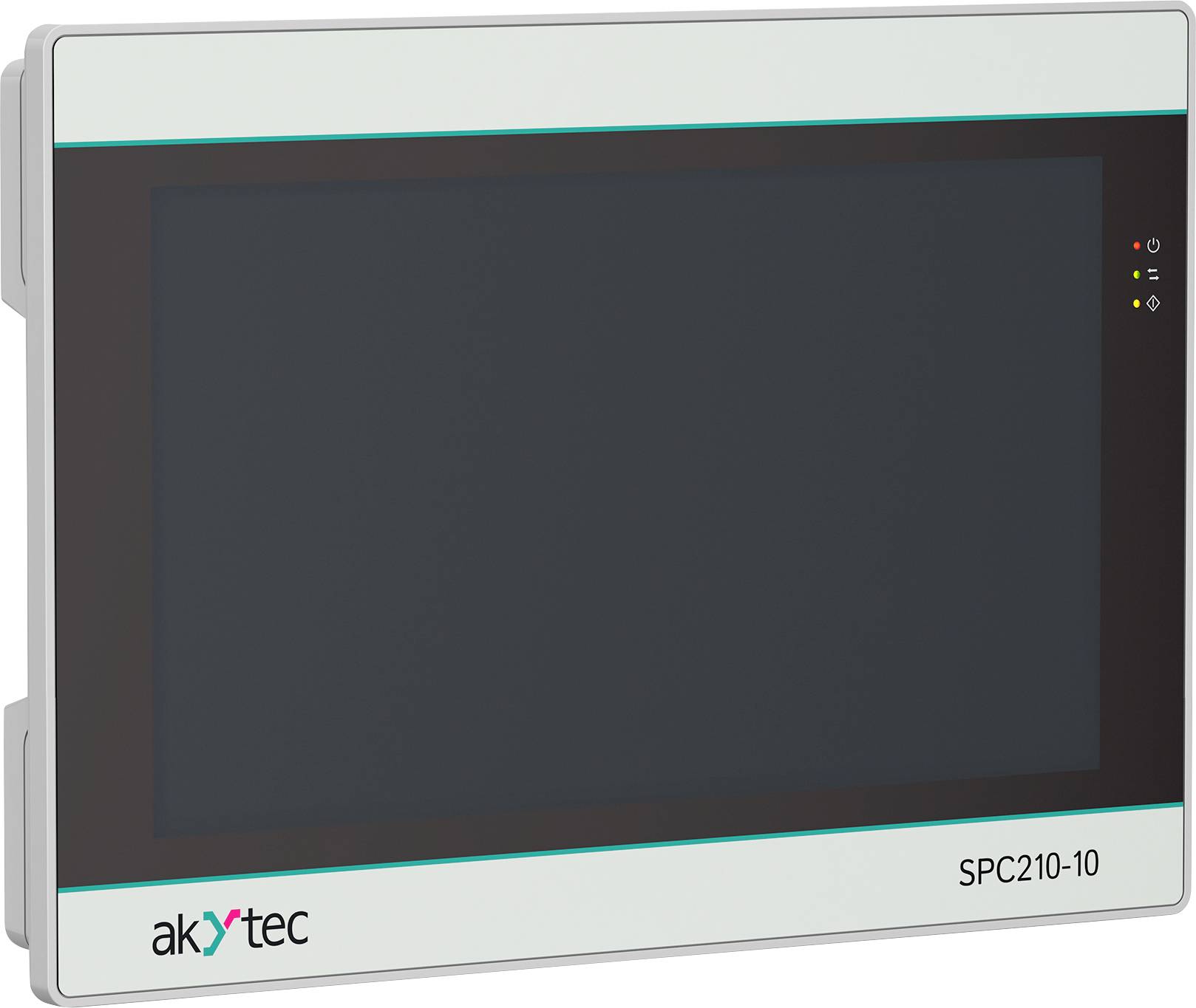 Šedé elektronické zařízení označené štítkem "akYtec SPC210-10" s černým displejem a indikačními světly na boku.