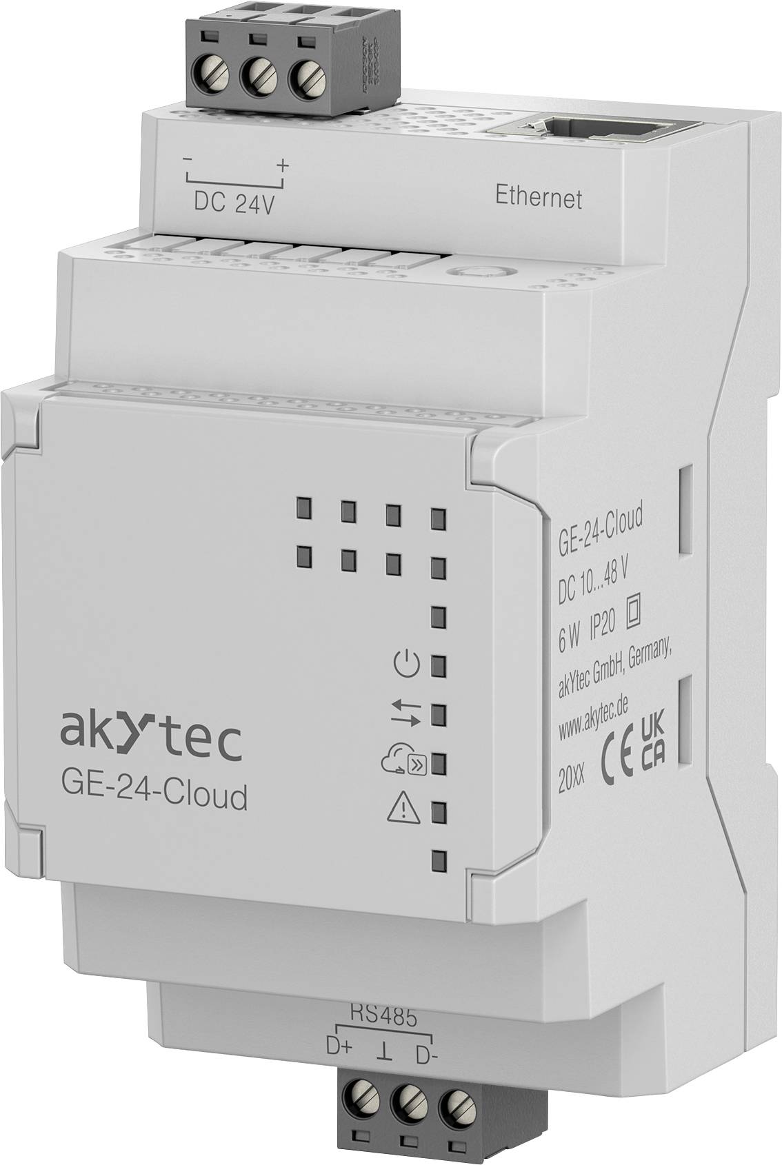 Průmyslové zařízení 'Akytec GE-24-Cloud' pro elektrické systémy, vybavené vstupem DC 10-24V, připojením Ethernet a RS485.