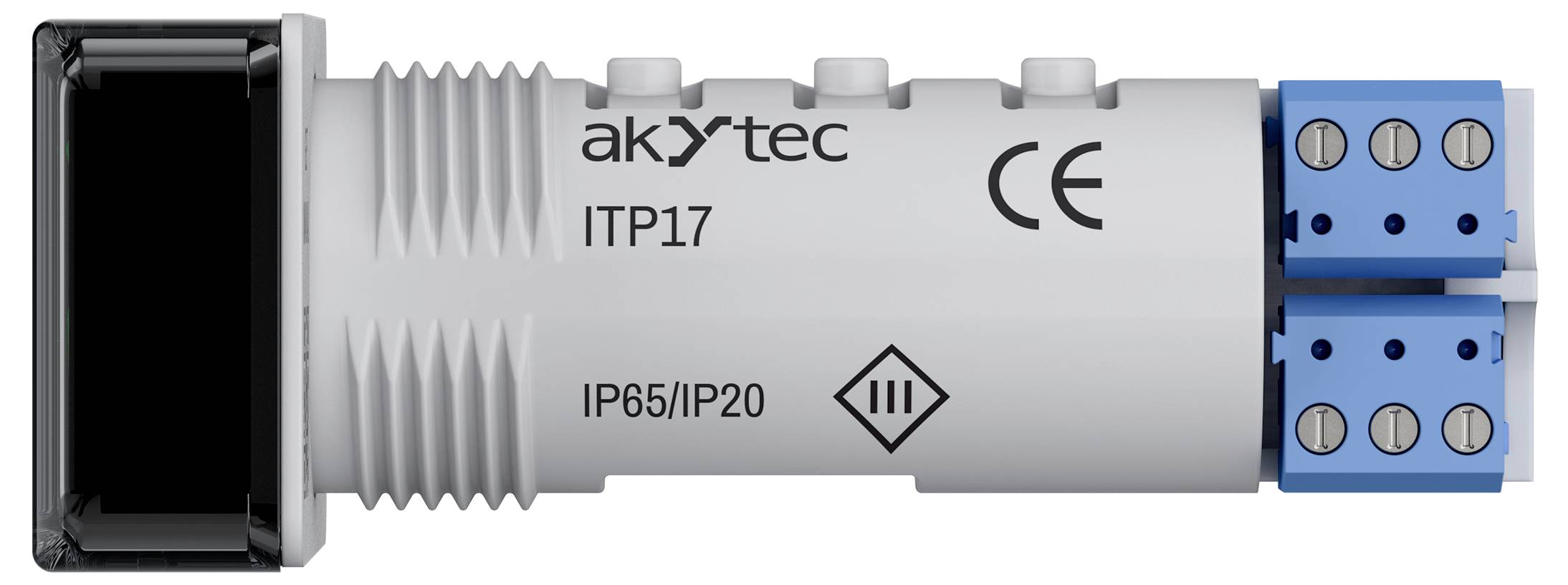 Tlakoměrný snímač s označením "akytec ITP17". Vlastnosti zahrnují označení CE, krytí IP65/IP20, s dvojicí modrých konektorů na jednom konci.