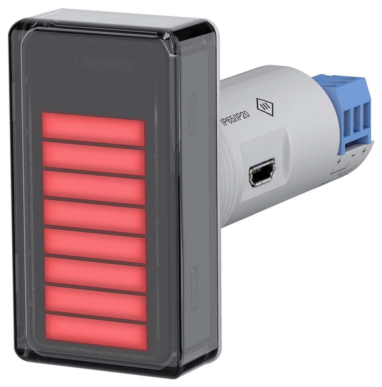Obdélníkové černé elektronické zařízení se svislými červenými LED pruhy a USB portem na straně, určené pro indikaci úrovně nebo ovládání.