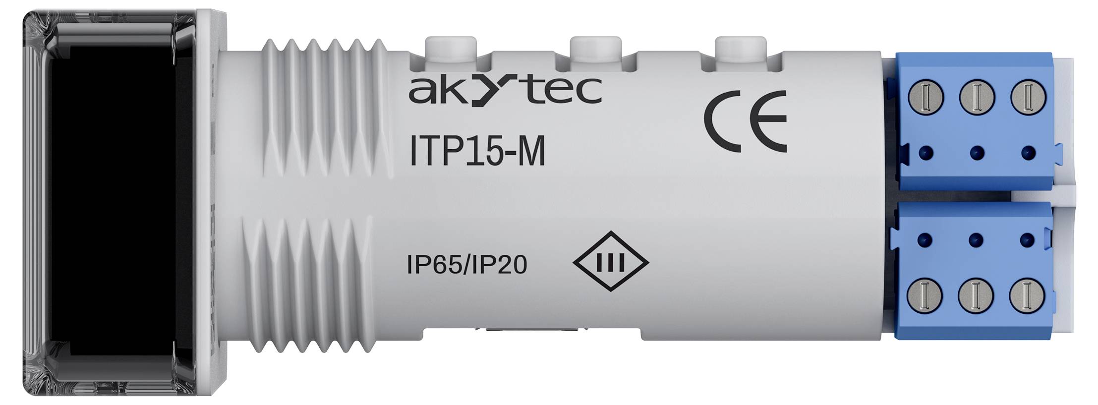 Zařízení 'akYtec ITP15-M' s krytím IP65/IP20, vybavené dvěma modrými připojovacími svorkami. Bílé válcové tělo s označením CE.