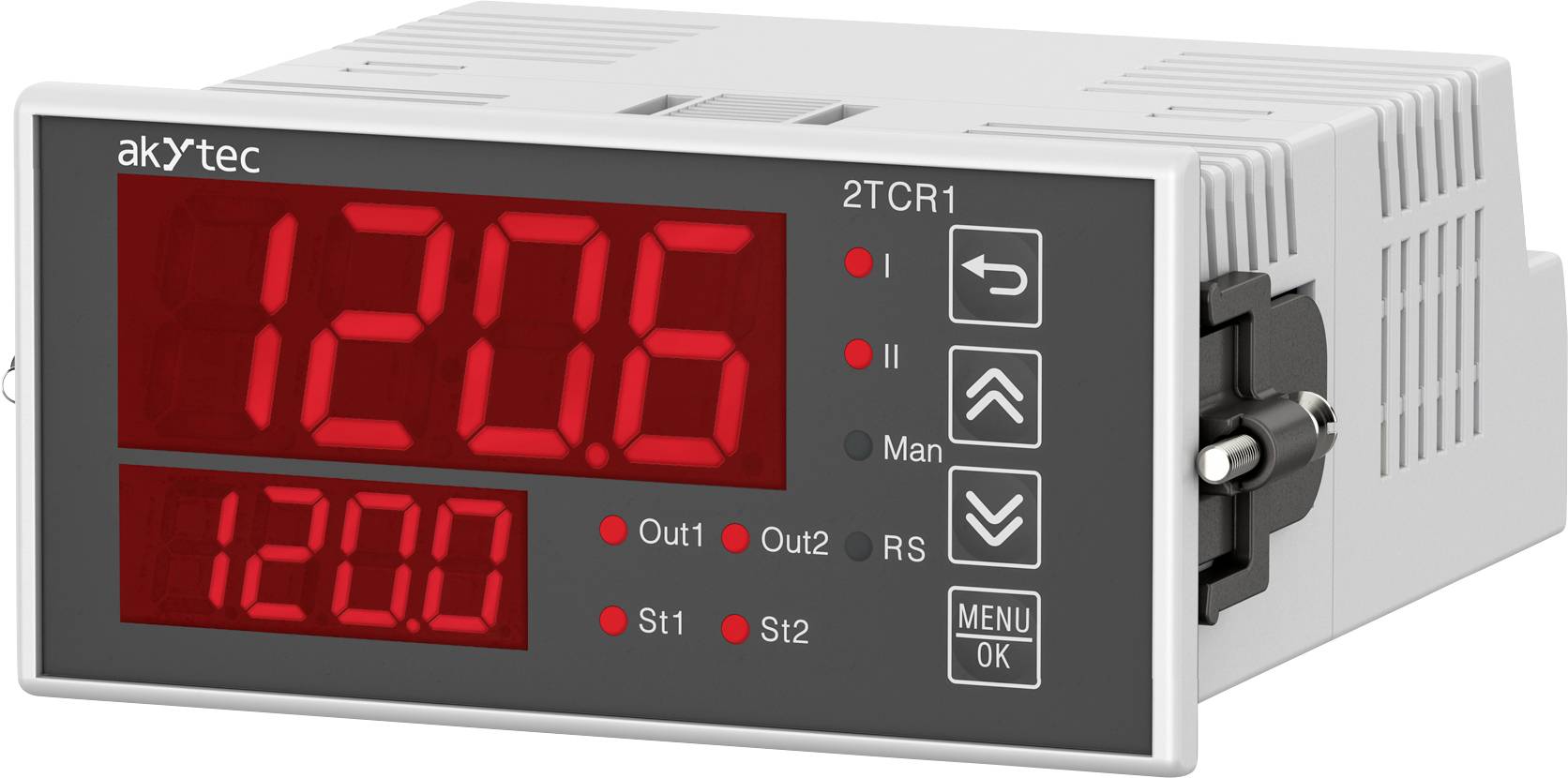 Digitální displej zobrazující teplotu 120,6°C na hlavní obrazovce a 120,0°C níže. Obsahuje různé ovládací tlačítka vpravo.