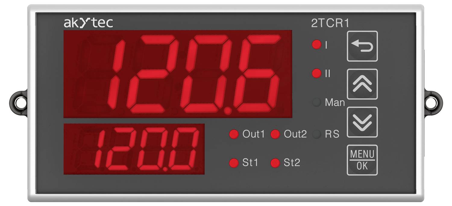 Displej 'akytec 2TCR1' zobrazující čísla '120,6' a '120,0', s tlačítky označenými 'Out1', 'Out2', 'Menu/OK' a šipkovými klávesami.