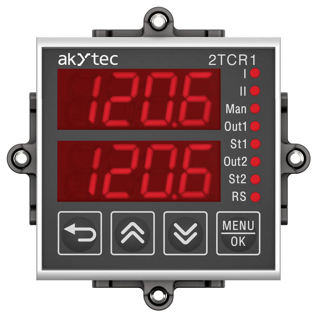 Displej 'akytec 2TCR1' zobrazuje '120.6' na horním i dolním displeji. Tlačítka obsahují šipky, 'MENU' a 'OK'.