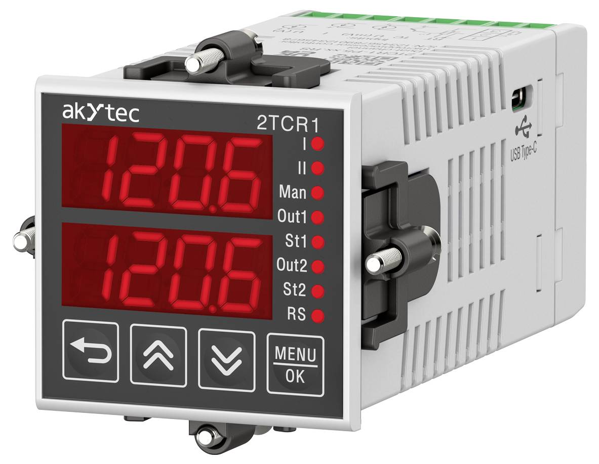 Elektronický teplotní regulátor 'akytec 2TCR1' s červeným LED displejem zobrazujícím '120.6'. Obsahuje menu, šipky a USB Type-C.