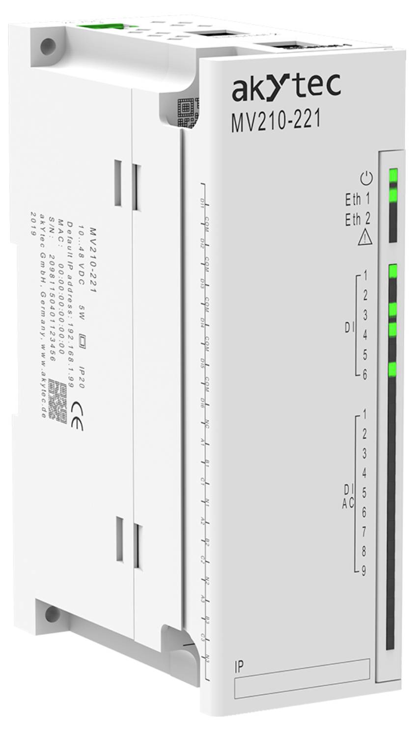 Průmyslové řídicí zařízení označené štítkem 'akytec MV210-221' s několika porty a indikačními světly na předním panelu.