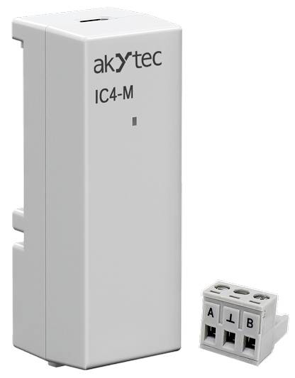 Bílé elektronické zařízení značky 'akytec IC4-M' s odpojitelným konektorem, který má sloty označené 'A', 'L' a 'B'.