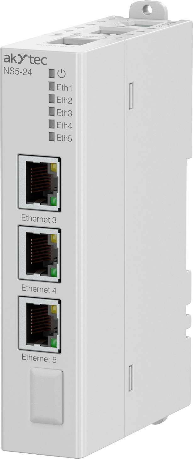 Ethernetový switch 'akytec NS5-24' s pěti porty označenými Eth1 až Eth5 v kompaktním obdélníkovém provedení.