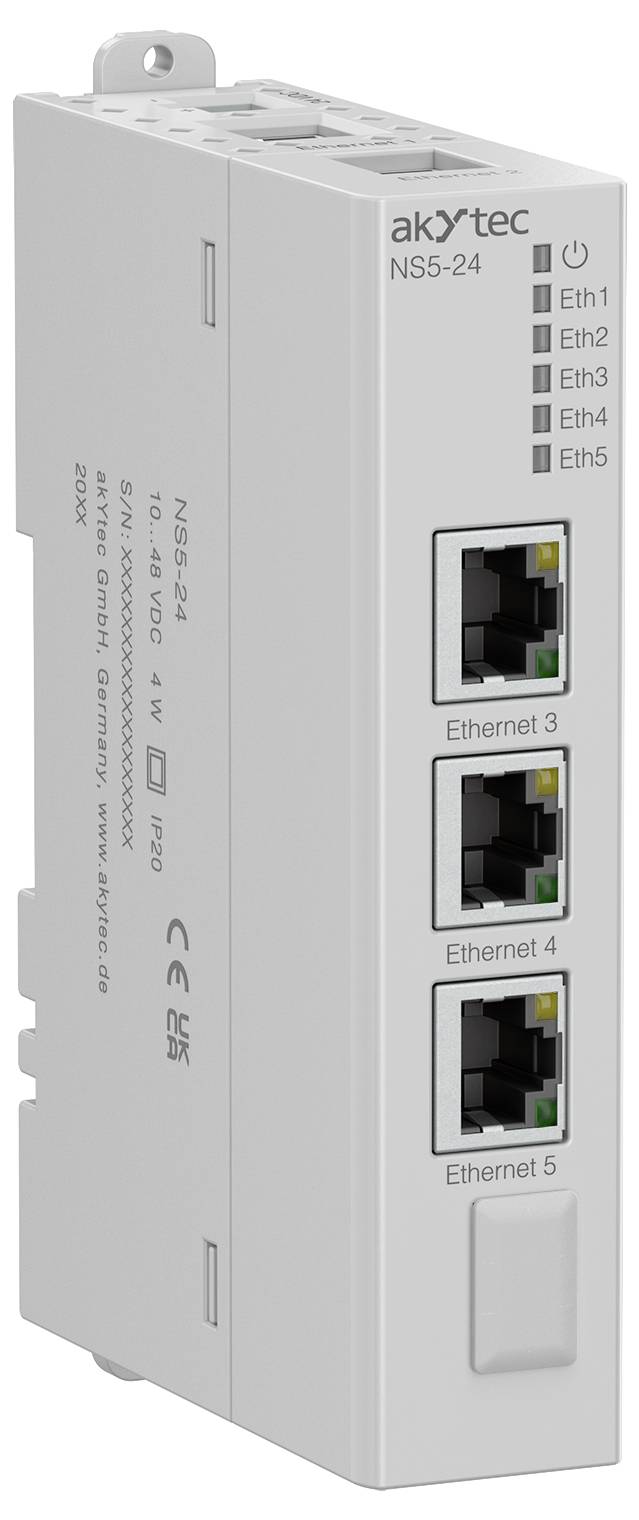 Modul 'akytec NS5-24' s třemi ethernetovými porty označenými 'Ethernet 3', 'Ethernet 4' a 'Ethernet 5' a světelnými indikátory aktivity portů.