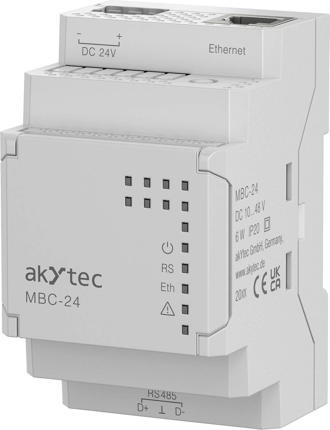 Řídicí modul 'akytec MBC-24' s ethernetovým a RS485 portem, vstupem DC 24V, označený pro průmyslové použití v Německu, zobrazuje možnosti připojení.