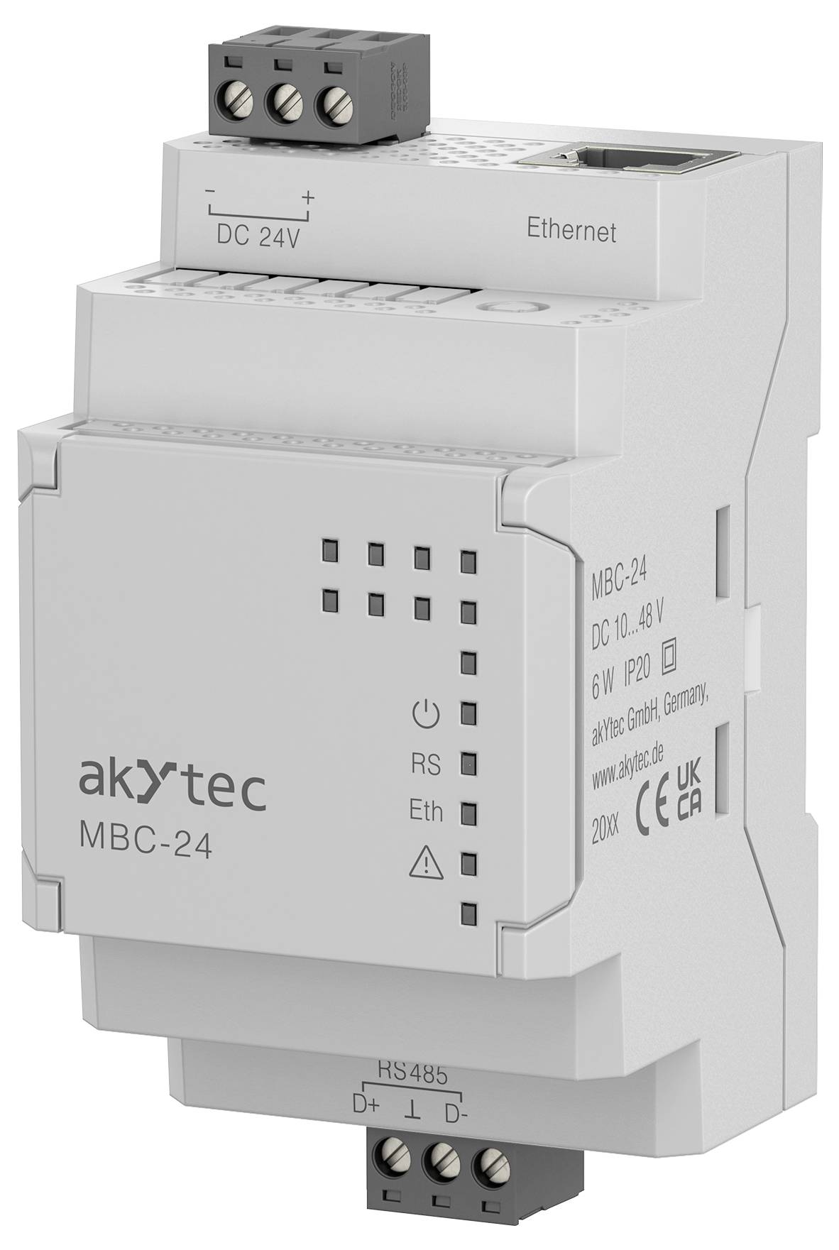 Průmyslová řídící jednotka na DIN lištu s označením 'akytec MBC-24' disponuje rozhraním Ethernet, vstupem DC 24V, sběrnicí RS485 a stavovými LED indikátory.