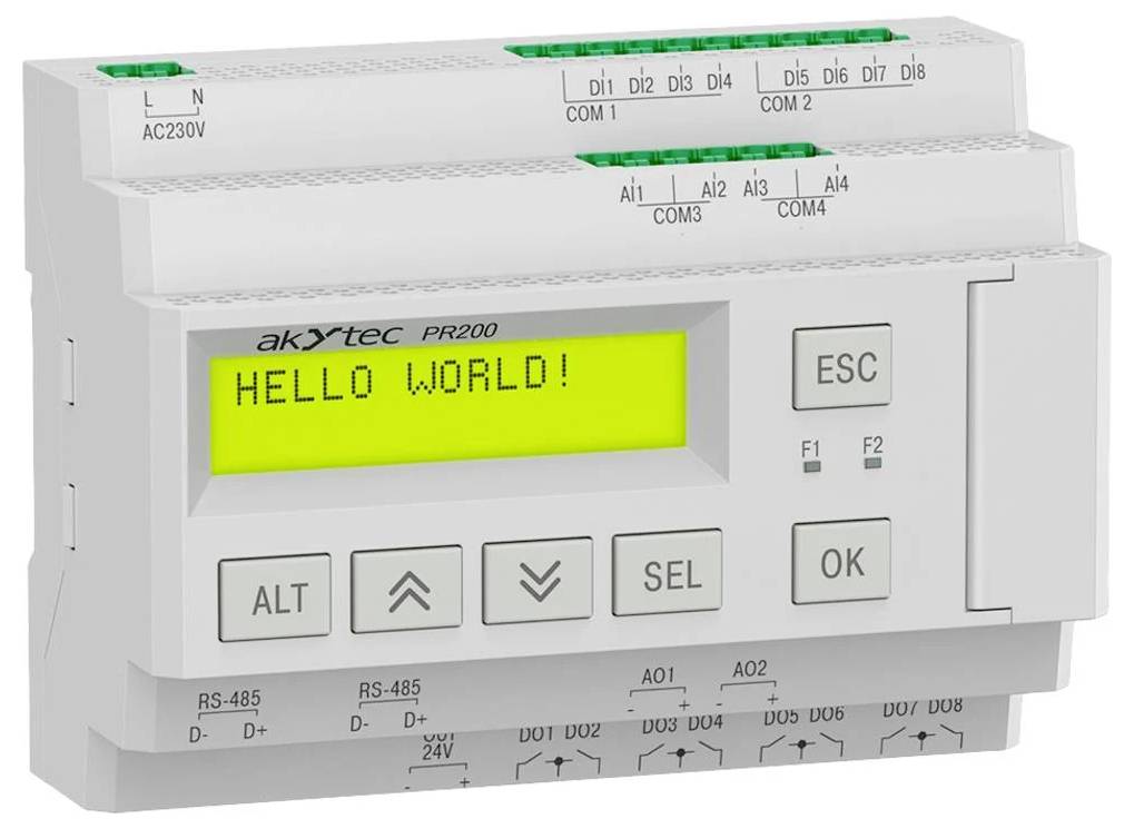 Programovatelný logický kontrolér s displejem zobrazujícím 'HELLO WORLD!'. Obsahuje tlačítka označená ALT, ESC, OK a SEL.