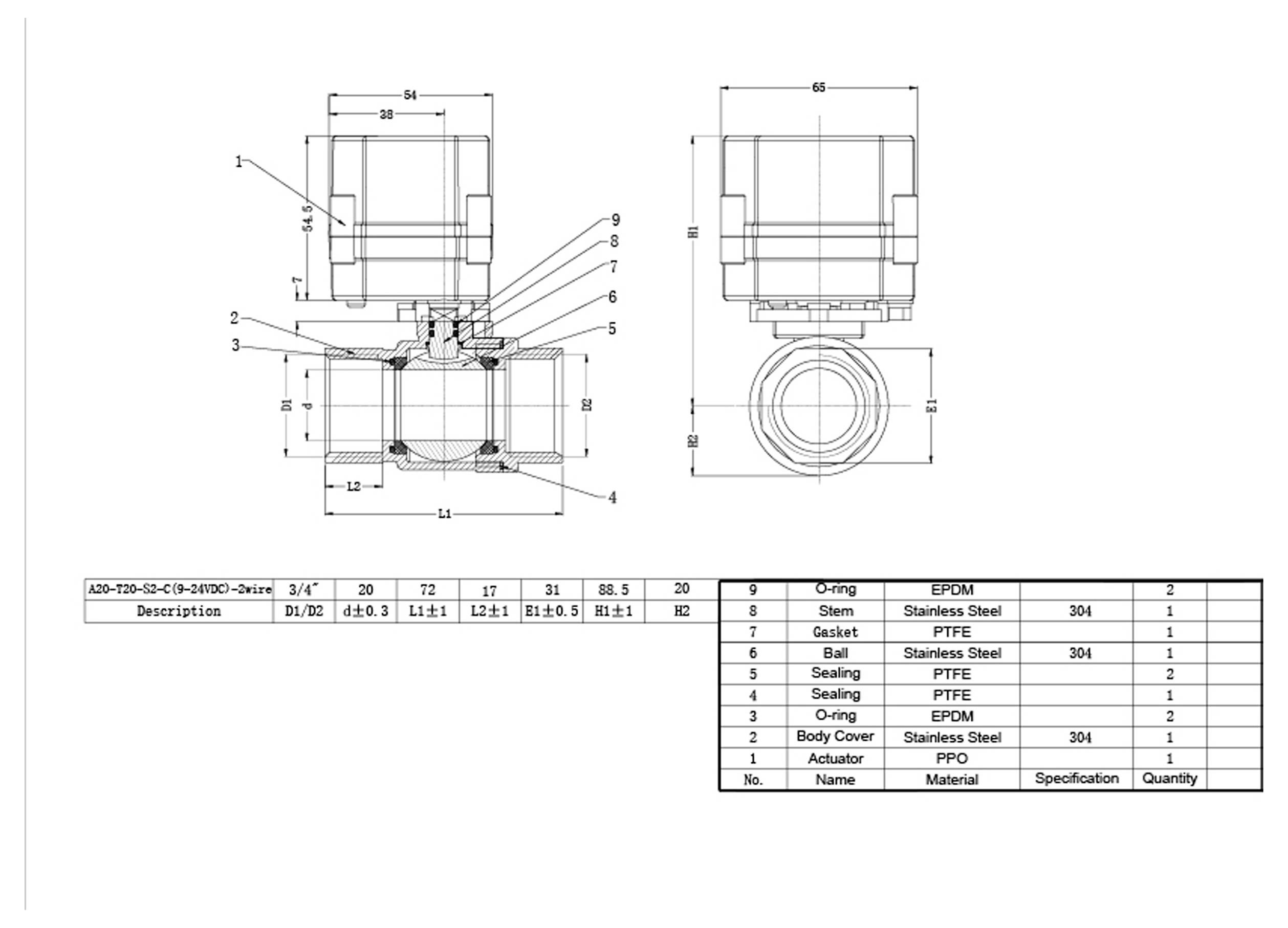 Technický výkres ventilu 3/4", zobrazující boční a horní pohled s očíslovanými díly. Obsahuje seznam dílů specifikující materiály jako EPDM, PTFE a nerezovou ocel.