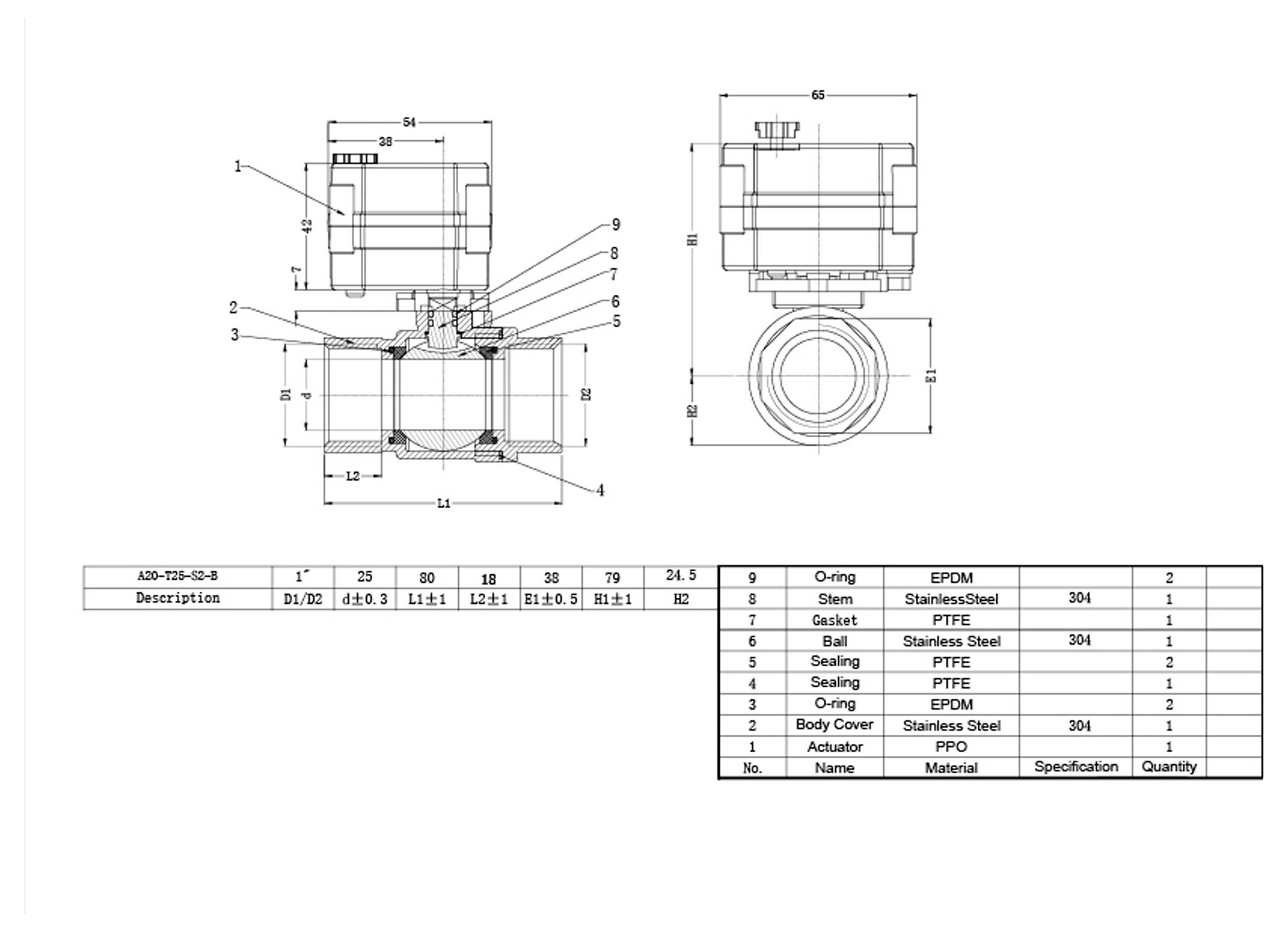 Technický diagram sestavy kulového ventilu AKD-2151-D-3 s očíslovanými díly 0-9 a tabulkou s podrobnostmi o popisu, materiálech a množství.