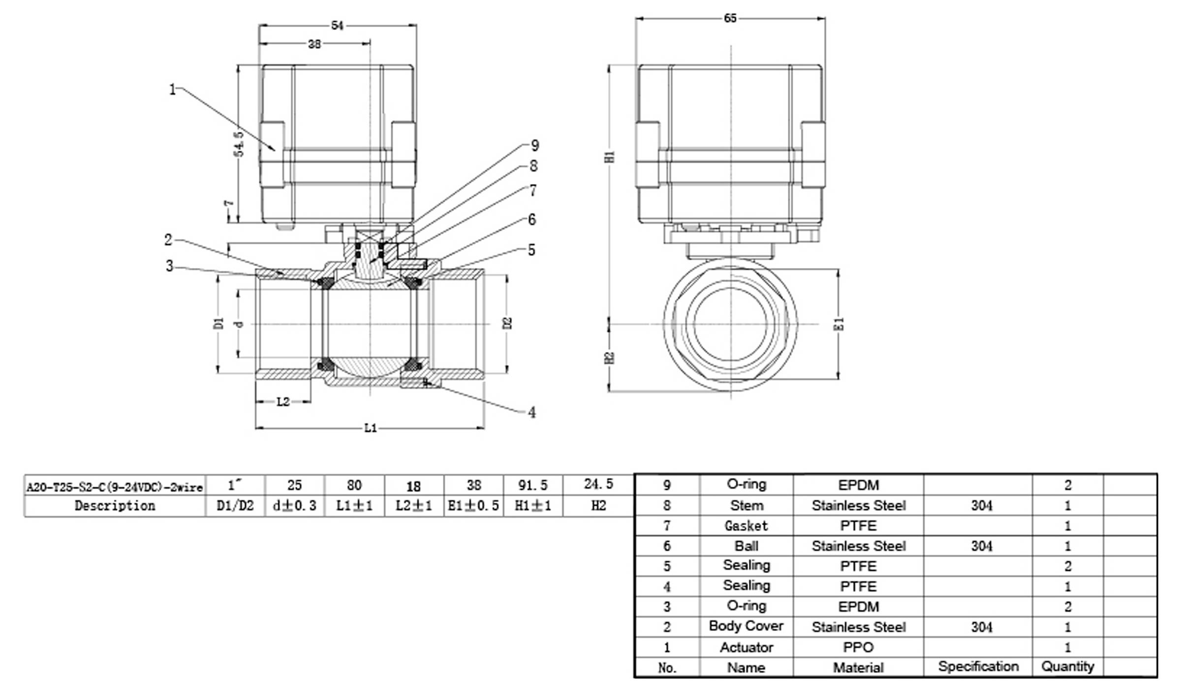 Technický diagram ventilu se dvěma pohledy a označenými částmi. Obsahuje tabulku s podrobnostmi o materiálech komponent: EPDM, PTFE a ocel.