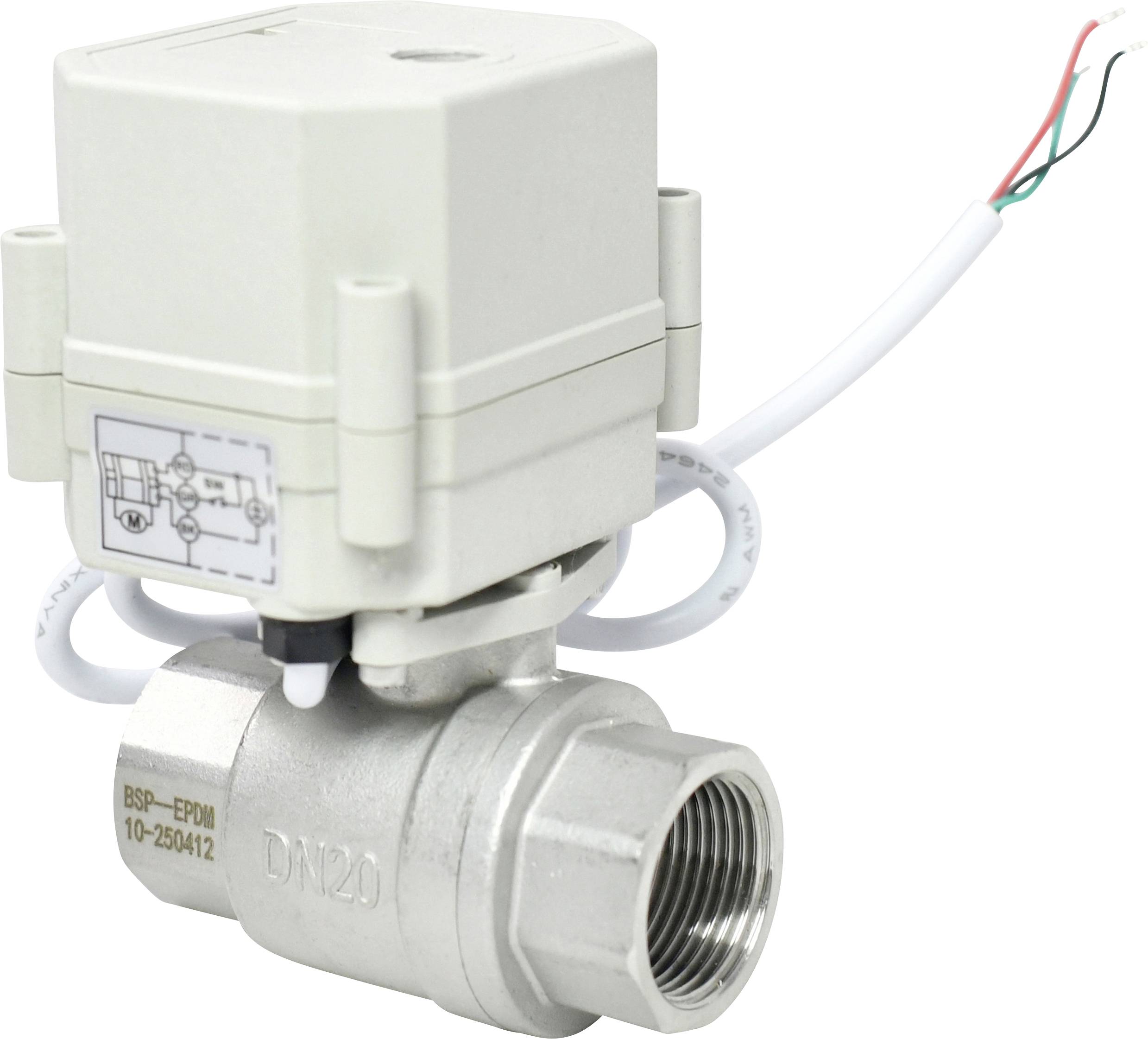 Elektrický aktuátor ventilu s zapojením, označený DN20, model 10-250412. Používá se k řízení toku kapaliny v instalačních systémech.