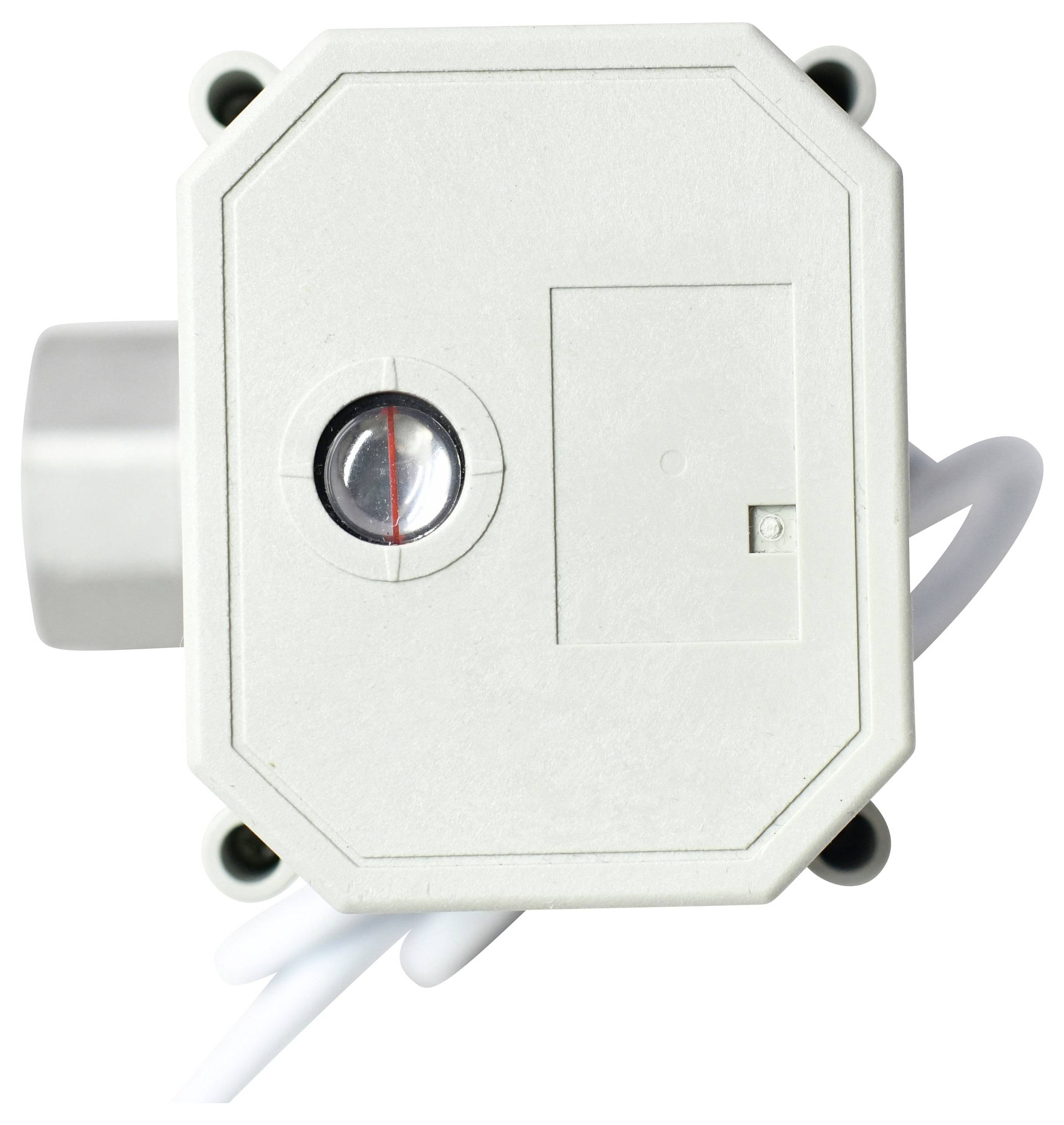 Bílé obdélníkové elektrické zařízení s viditelným kulatým měřidlem a drátem vycházejícím ze spodní části.
