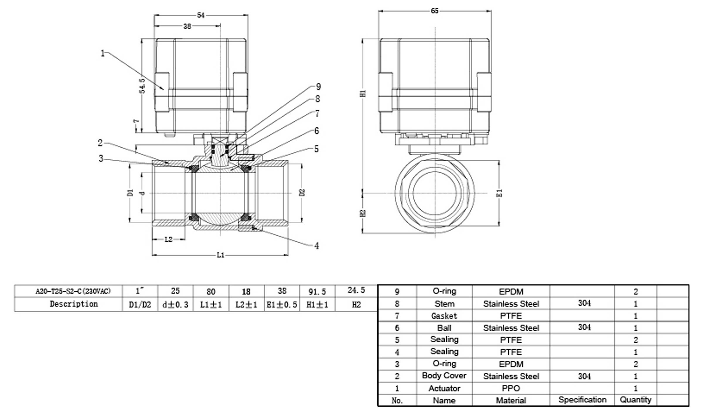 Diagram motorového ventilu ADD-E15-CLD-022N02. Podrobné rozměry a seznam dílů jsou uvedeny, včetně materiálů jako nerezová ocel a PTFE.