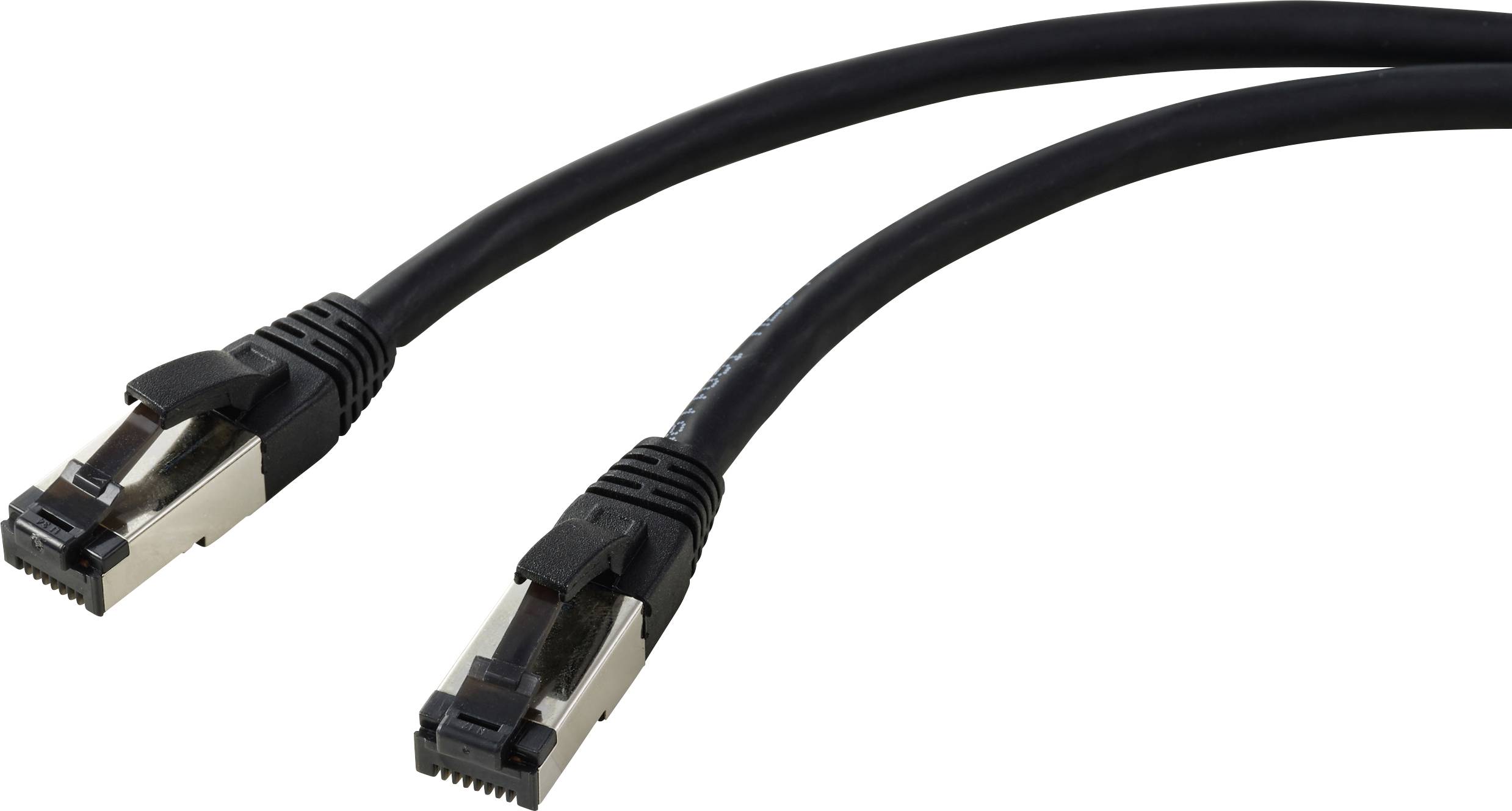 Dva černé kabely Ethernet s kovovými konektory, používané pro sítě a připojení k internetu.