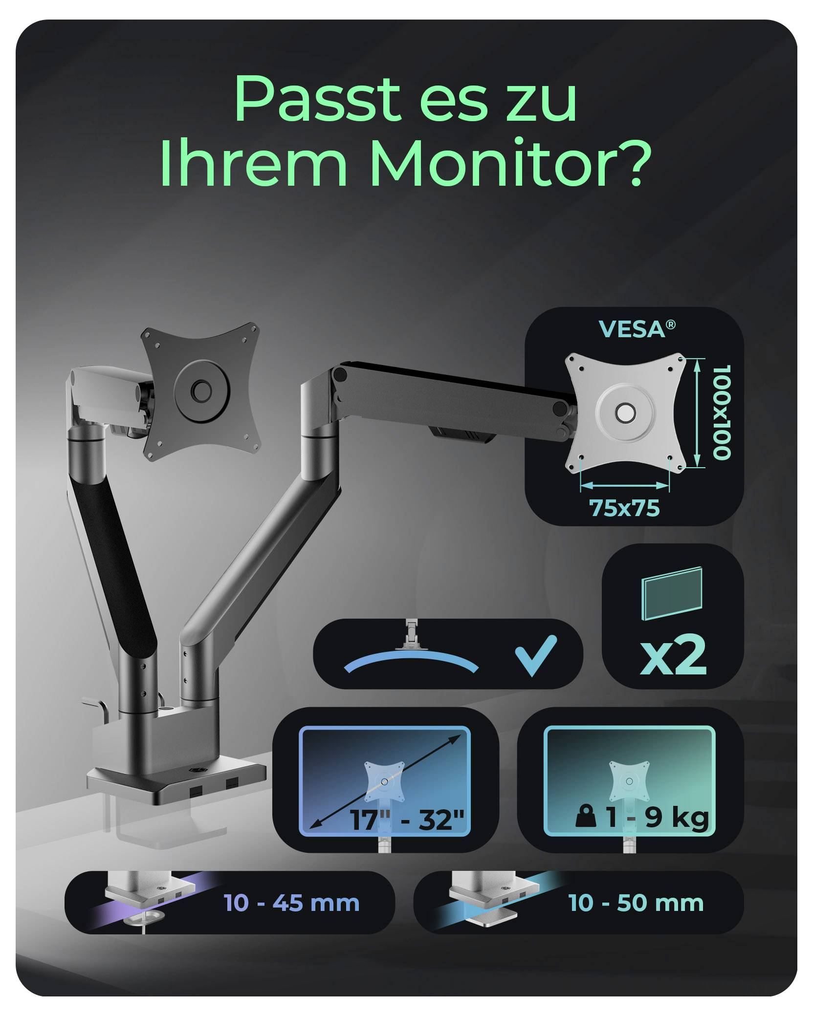 "Hodí se k vašemu monitoru?" text s nastavitelným ramenem monitoru, který je kompatibilní s monitory o velikosti 17"-32", se standardem VESA 75x75/100x100, váhou 1-9 kg a tloušťkou desky 10-50 mm.