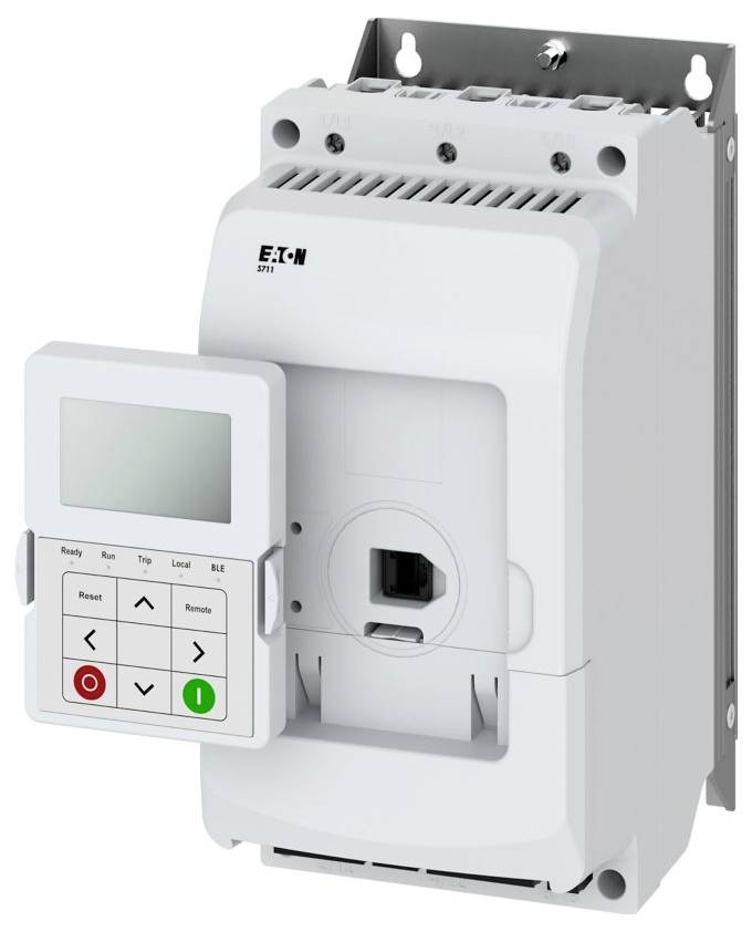 Bílé elektronické zařízení značky Eaton s displejem a ovládacím panelem, který obsahuje tlačítka označená 'Reset', 'Zapnout' a 'Vypnout'. Vhodné pro elektrické systémy.