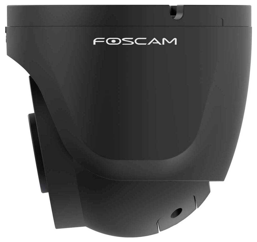 Černá bezpečnostní kamera Foscam s kupolovitým tvarem. Na přední straně jsou viditelné objektiv a logo společnosti.