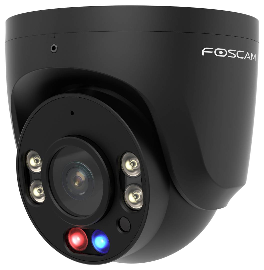 Černá bezpečnostní kamera se světelnými LED diodami, označená logem 'Foscam', určená pro sledování.