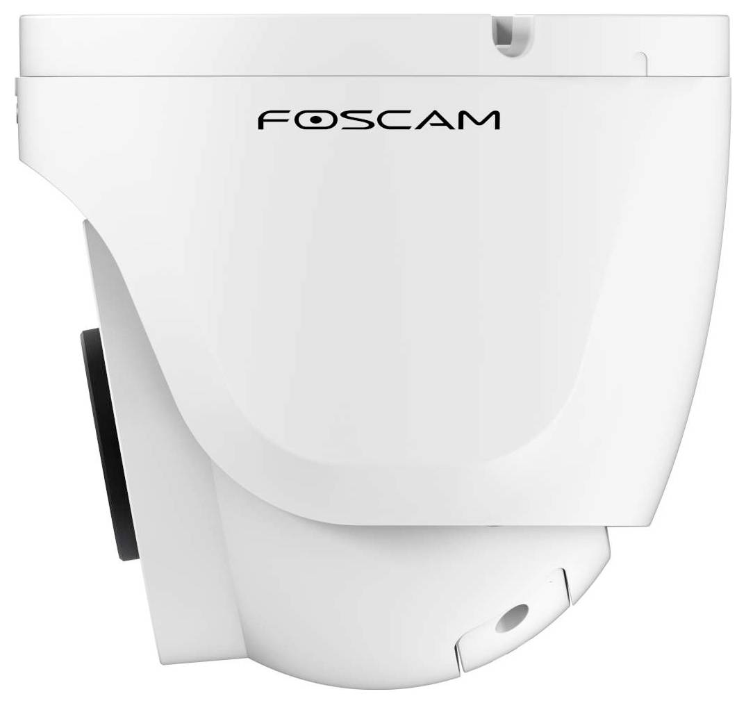 Bílá bezpečnostní kamera Foscam s kupolovitým tvarem, která má po straně umístěné firemní logo, je navržena pro monitorování a sledování.