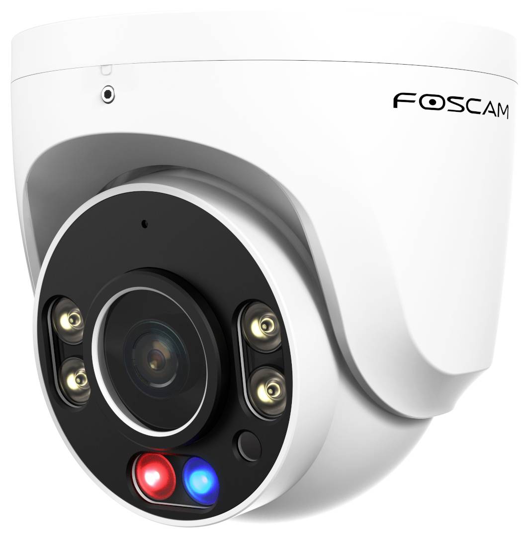 Bílá bezpečnostní kamera Foscam s několika LED světly a objektivem uprostřed, určená pro video monitoring.