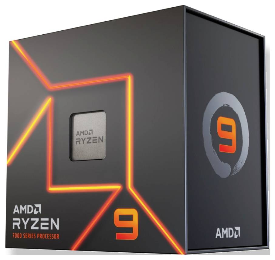 Krabice procesoru AMD Ryzen 7000 Series s futuristickým designem, která obsahuje oranžové linie a velkou devítku, což naznačuje model vysoké třídy.