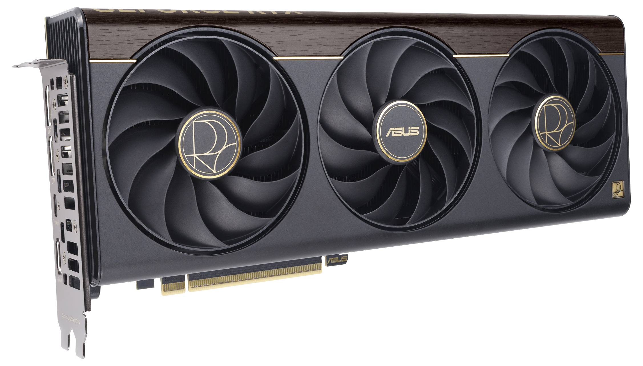 Černá a zlatá grafická karta ASUS se třemi velkými chladicími ventilátory, navržená pro vysoce výkonné hraní her a výpočetní techniku.