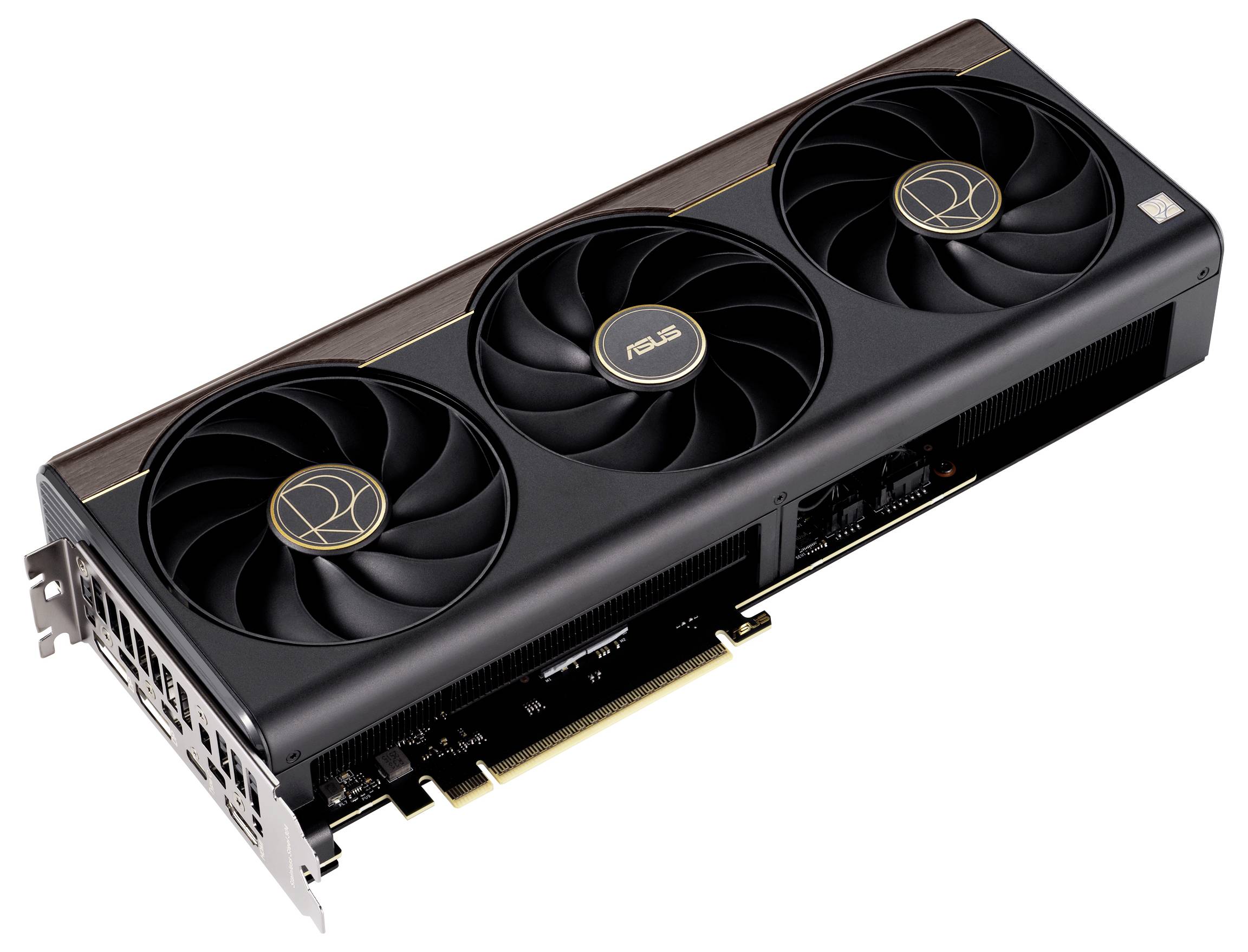 Vysoce výkonná grafická karta počítače s třemi velkými chladicími ventilátory a elegantním černým designem, vhodná pro pokročilé hraní her nebo grafické práce.
