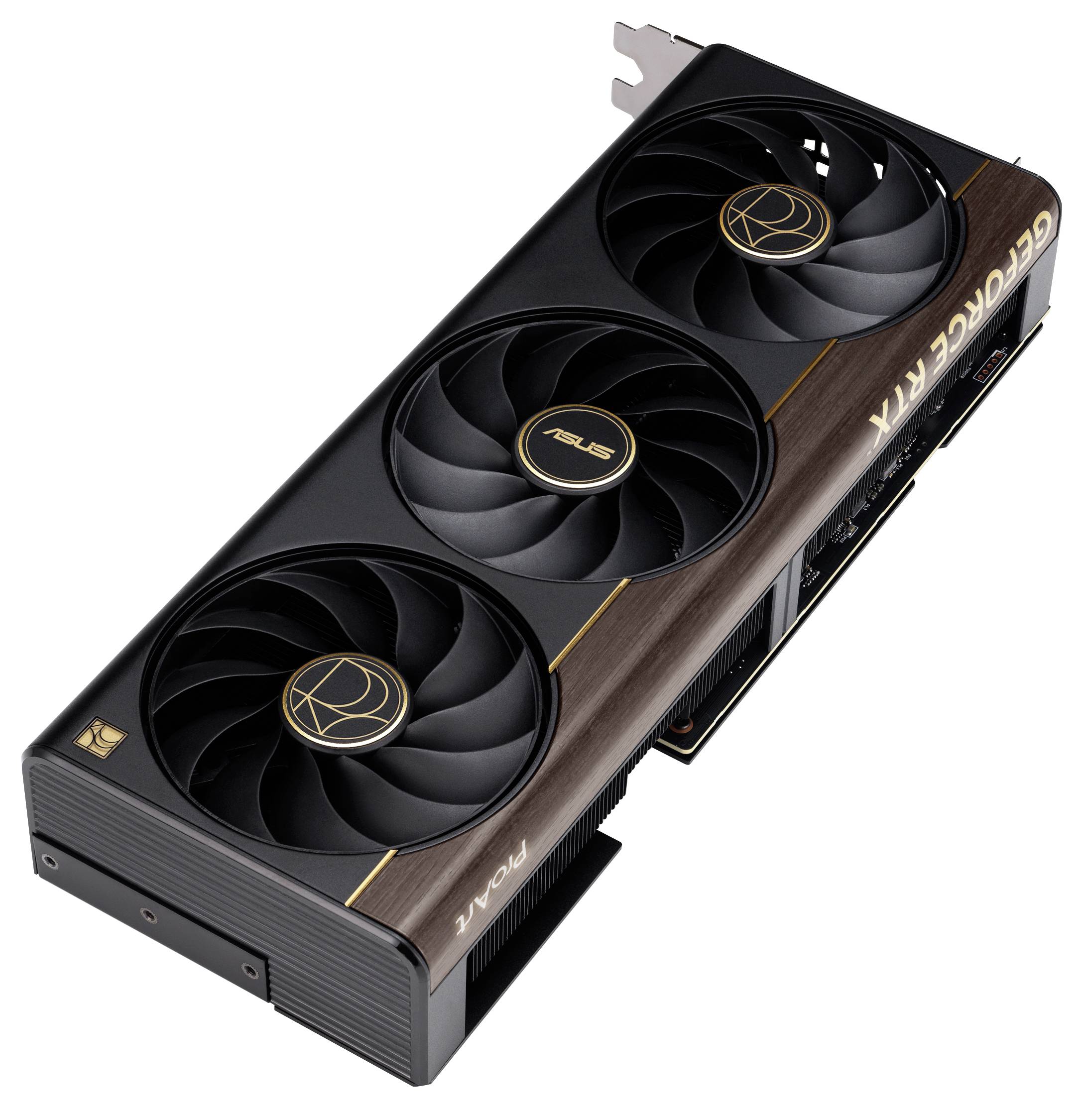 Černá herní grafická karta s třemi ventilátory označená jako 'Geforce RTX' s logem ASUS, navržená pro vysoce výkonné počítačové zpracování a hraní her.
