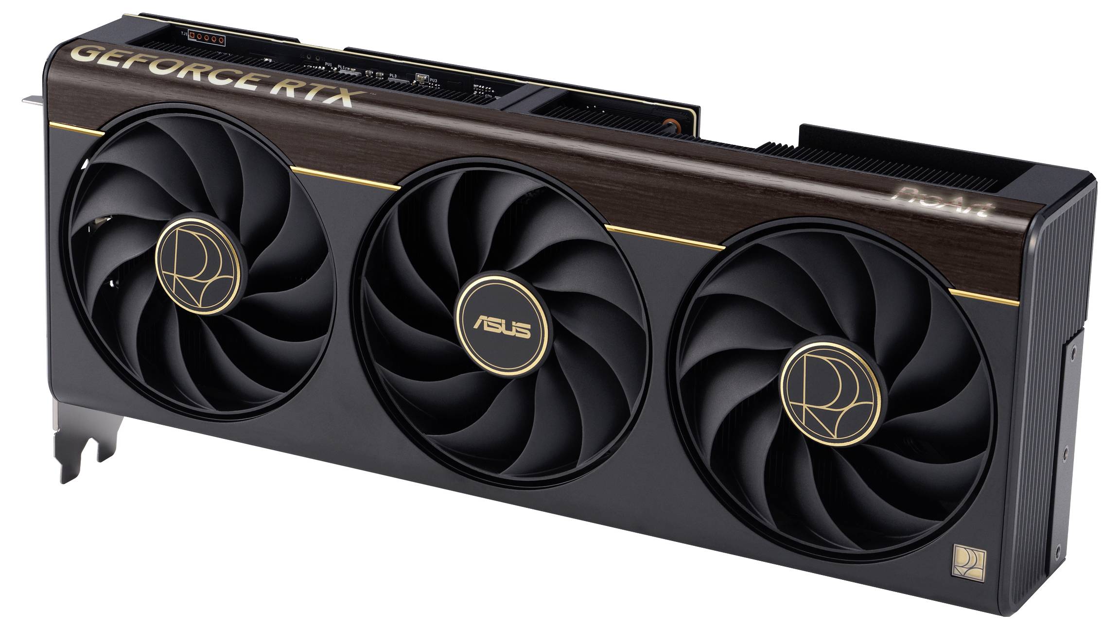 Grafická karta se třemi velkými chladicími ventilátory a nápisem 'GEFORCE RTX' na horním okraji. Logo ASUS je viditelné ve středu náboje ventilátoru.