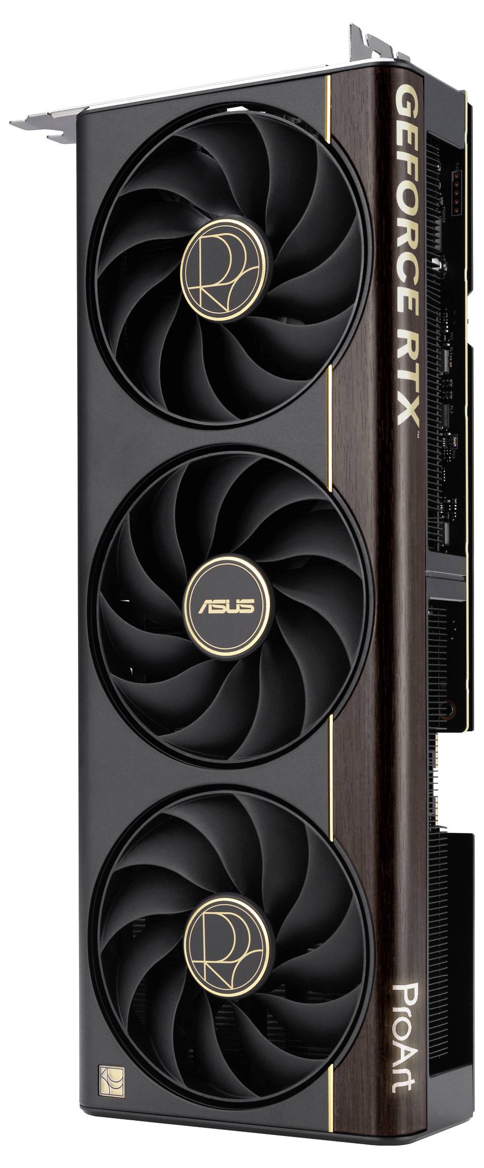 Černá grafická karta ASUS GeForce RTX se třemi velkými chladicími ventilátory a bronzovými akcentními prvky, na boku označená štítkem 'ProArt'.