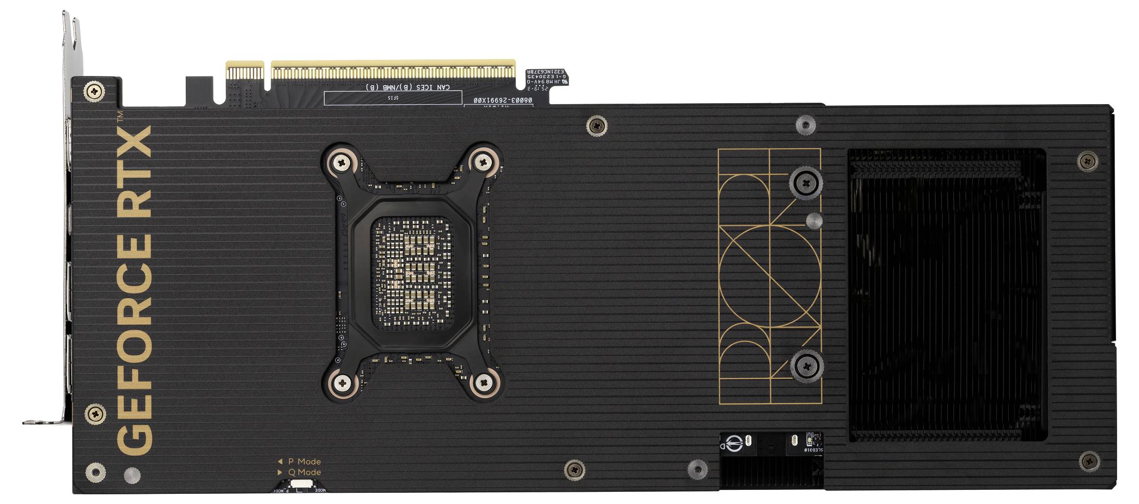 Grafická karta 'GeForce RTX' s pohledem na zadní desku zobrazující značení a detaily obvodu, navržená pro vysoce výkonné počítačové zpracování a hraní her.