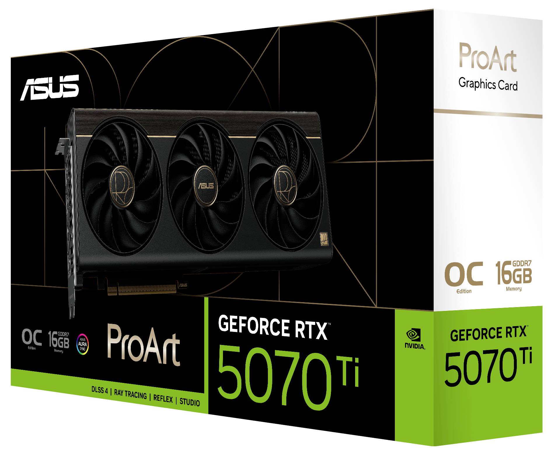Obal grafické karty ASUS ProArt GeForce RTX 5070 Ti s vyznačenými štítky "OC Edition" a "16GB", zdůrazňující výkon pro kreativní práci.