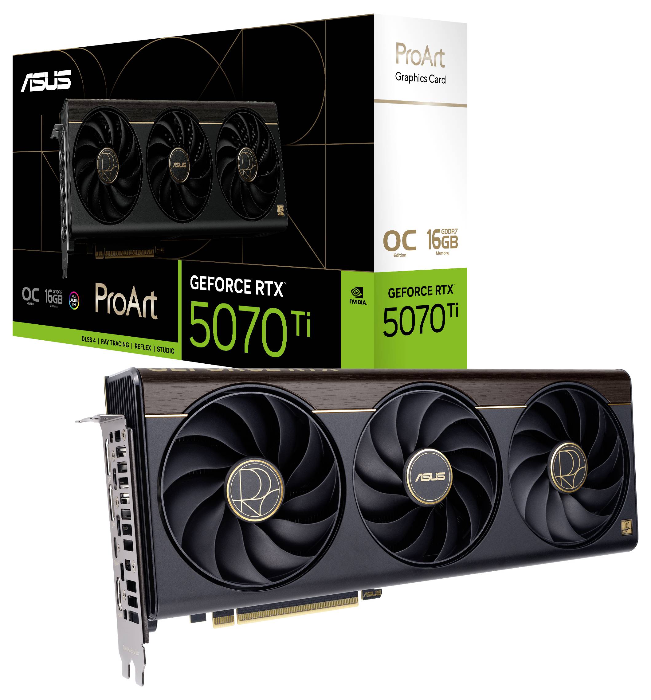 Grafická karta označená jako 'ASUS ProArt GeForce RTX 5070 Ti', vybavená třemi chladicími ventilátory, je zobrazena před svým originálním obalovým boxem.