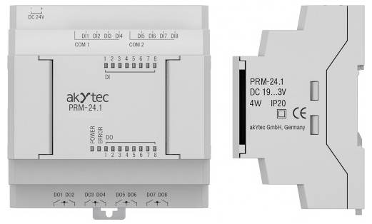 Programovatelný reléový modul označený „akYtec PRM-24.1", zobrazující přední rozhraní se vstupními/výstupními a napájecími připojovacími detaily na straně.