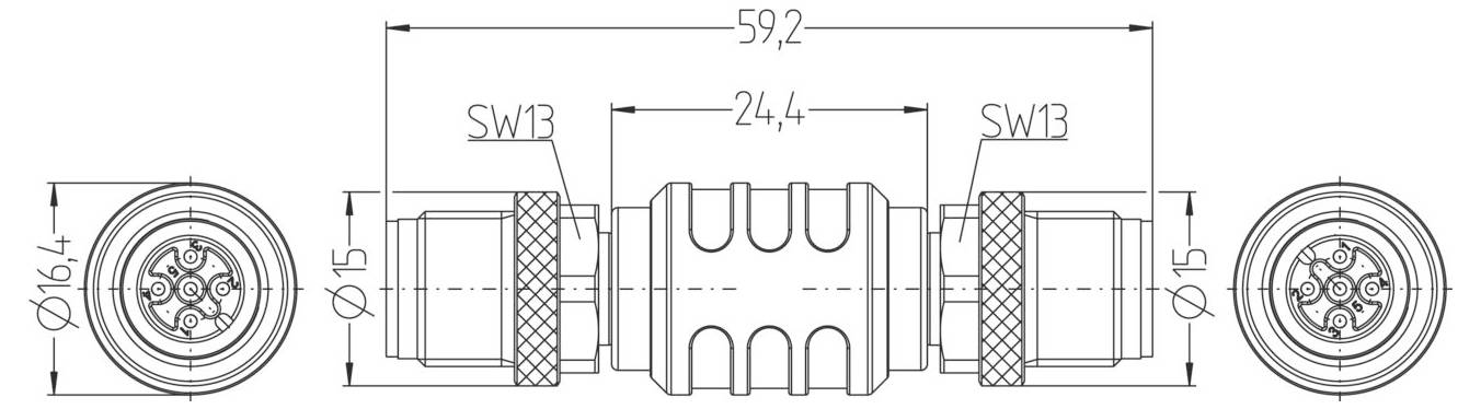 Technický výkres válcového konektoru s rozměry: délka 59,2 mm, průměr 16,4 mm, šířka zásuvky 13 mm.