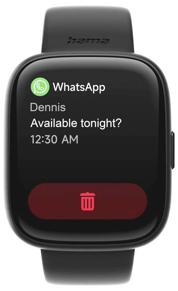 Chytrý náramek zobrazující oznámení zprávy z WhatsApp: 'Dennis: Jsi dnes večer k dispozici?' přijato ve 12:30 hodin s možností smazání.