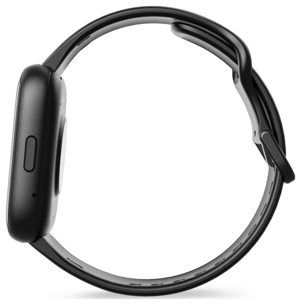Elegantní černé chytré hodinky s bočním tlačítkem, zobrazené z boku, zvýrazňující jejich štíhlý profil a moderní design.