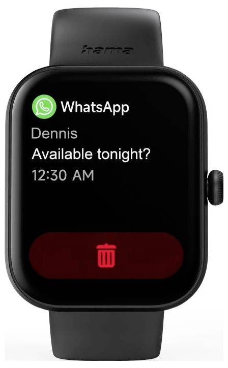 Displej chytrých hodinek zobrazující zprávu z WhatsApp od Dennise s textem „Jsi dnes večer k dispozici?" s červenou možností smazání pod zprávou.