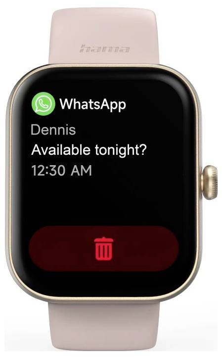 Chytré hodinky zobrazující zprávu WhatsApp od 'Dennise' s textem 'Jsi k dispozici dnes večer?' v 00:30, s možností smazání pod zprávou.