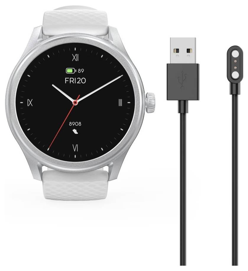 Stříbrné chytré hodinky s koženým páskem, na jejichž displeji je zobrazeno 89 % baterie, vedle nabíjecího USB kabelu s magnetickým konektorem.