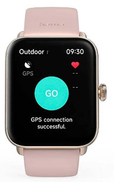 Rozhraní chytrých hodinek zobrazující 'Venku', čas 09:30, ikonu srdce, GPS signál a velké tlačítko 'SPUSTIT'. Text říká 'GPS připojení úspěšné.'