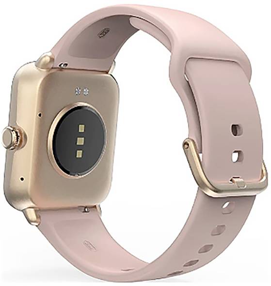 Chytré hodinky z rose gold s růžovým řemínkem, zobrazené zezadu s čidly.